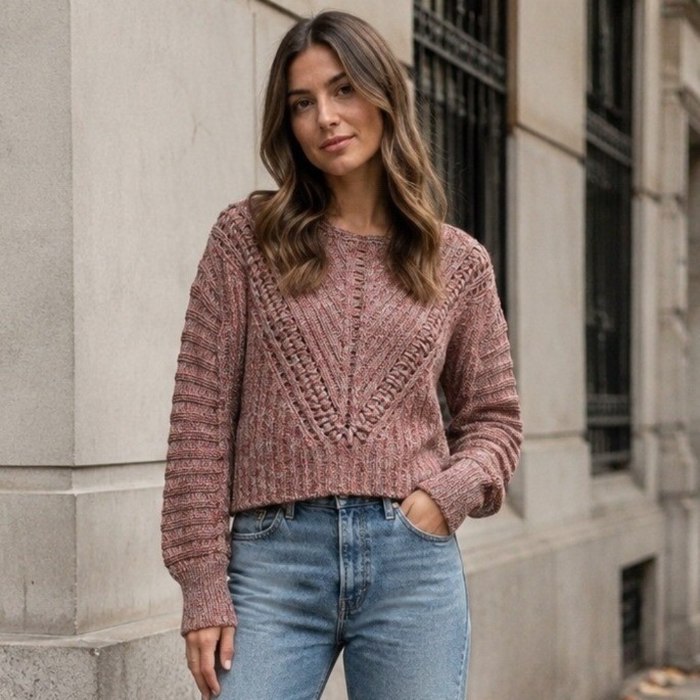 Rag & Bone Womens Roman Chunky Knit Sweater XS Red Marled Cable Pullover Cropped